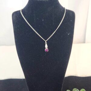 Handmade Silver Tone Necklace with Purple Crystal with 18" chain